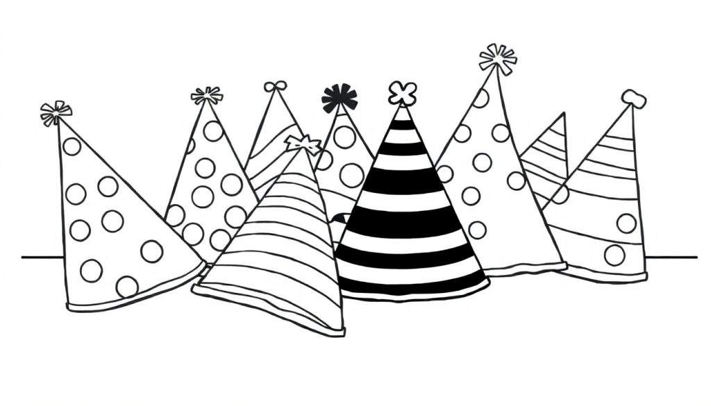 A black and white color panel showing seven funny party hats with polka dots and stripes, ready for a celebration!