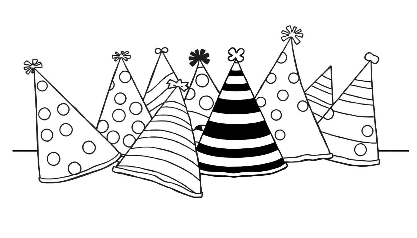 A black and white color panel showing seven funny party hats with polka dots and stripes, ready for a celebration!