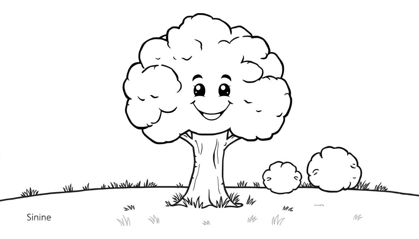A happy, smiling tree in a black and white color panel, ready for kids to color.