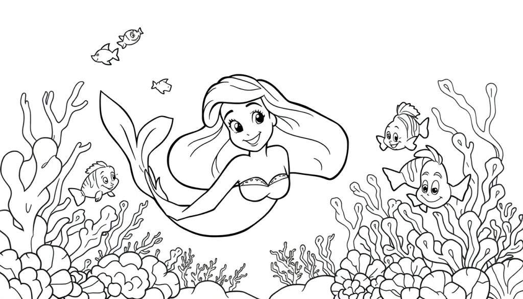 Ariel the mermaid, a fun color panel with fish and coral.
