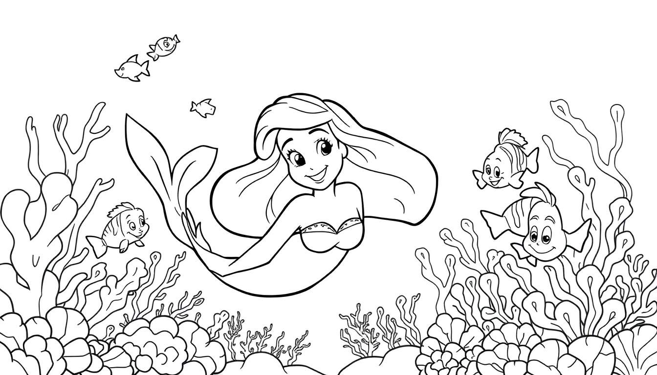 Ariel the mermaid, a fun color panel with fish and coral.