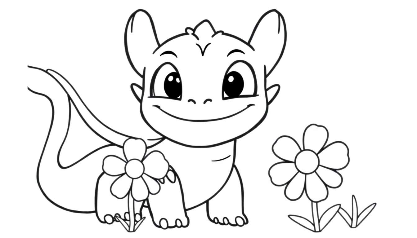A cute baby Night Fury dragon, like Toothless, in a black and white color panel, holding a flower with a happy smile.