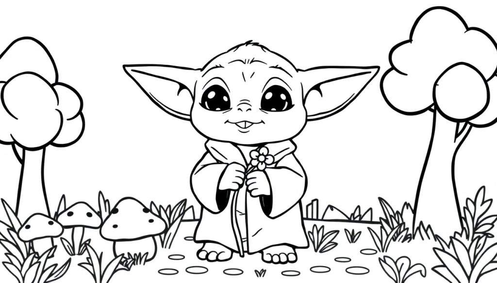 A cute Grogu (Baby Yoda) coloring panel in a forest with mushrooms and trees.