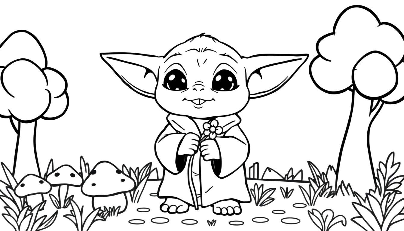 A cute Grogu (Baby Yoda) coloring panel in a forest with mushrooms and trees.