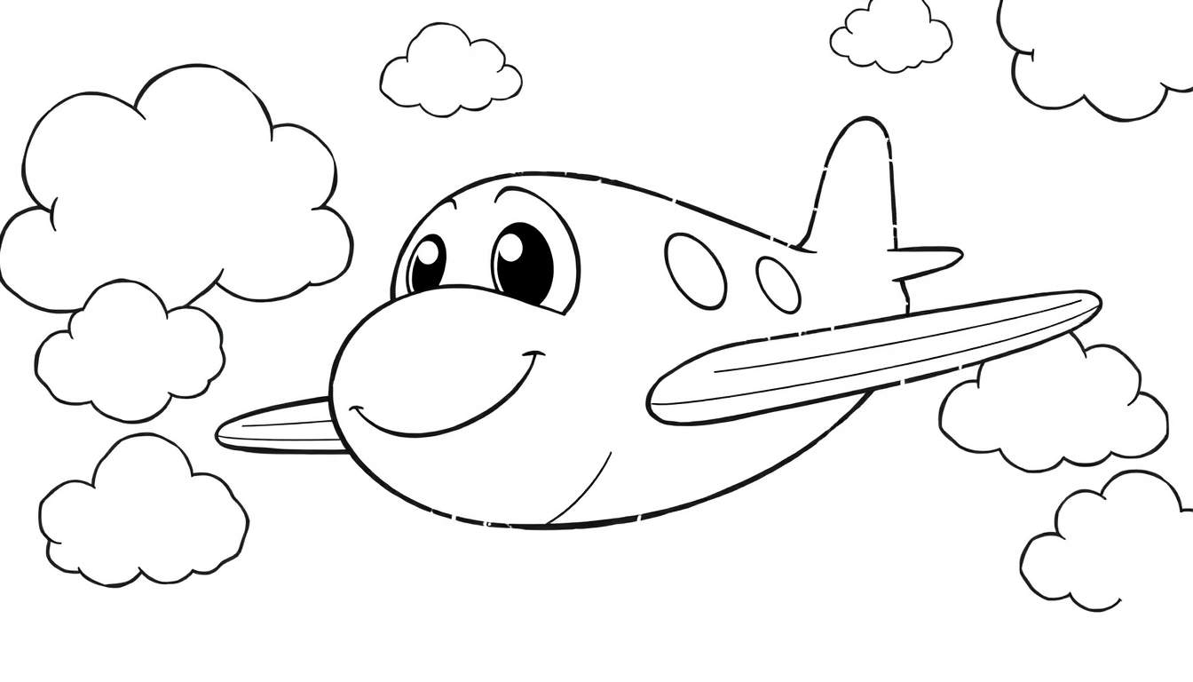 A happy cartoon airplane flying through clouds, a great color panel for fun!
