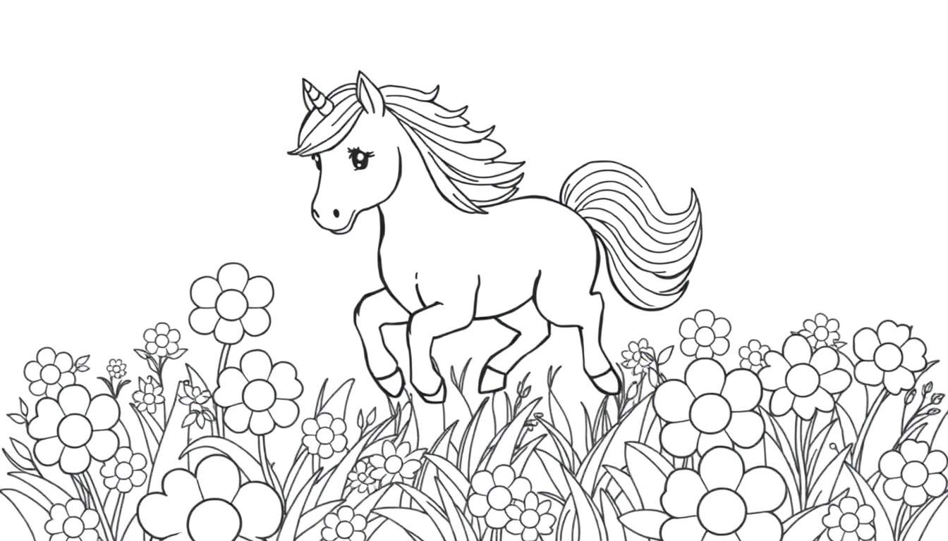 Black and white line drawing of a unicorn prancing.