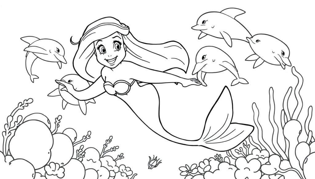 Ariel and dolphins in a coloring panel