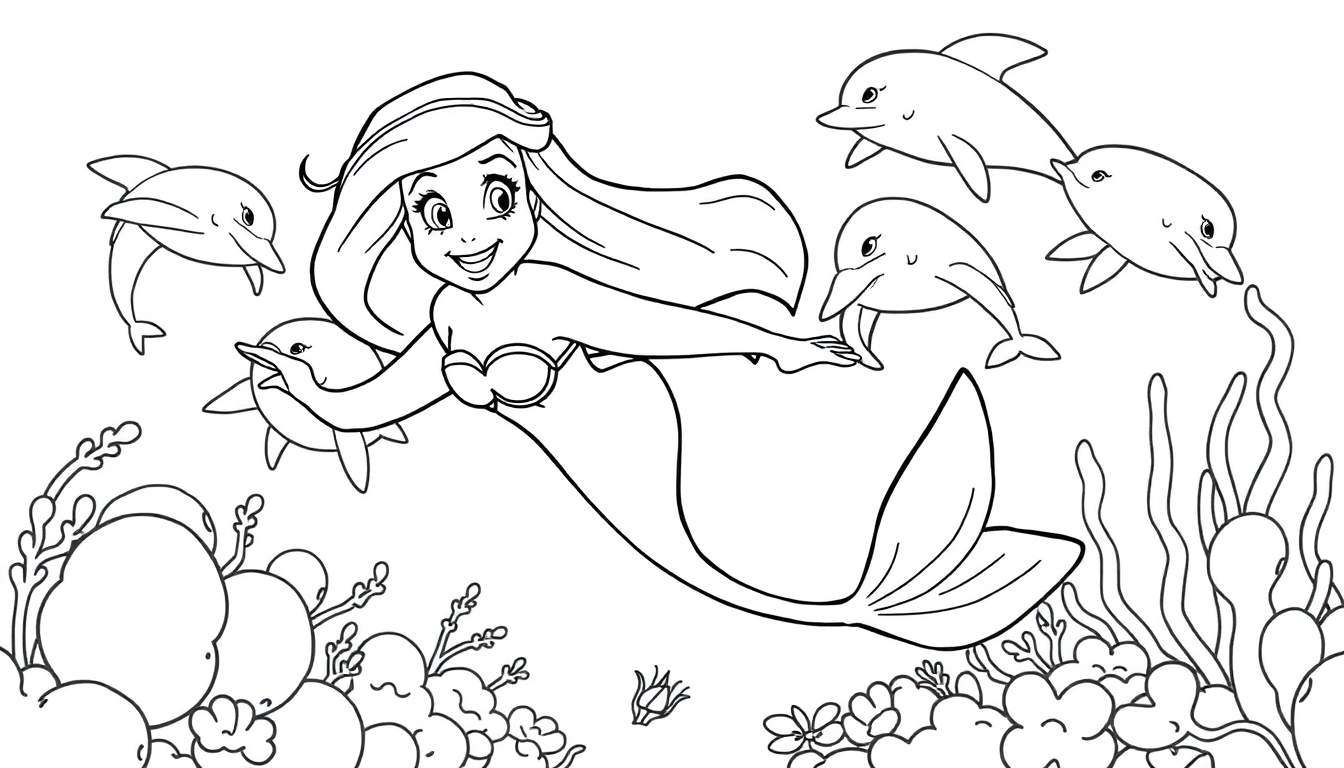 Ariel and dolphins in a coloring panel