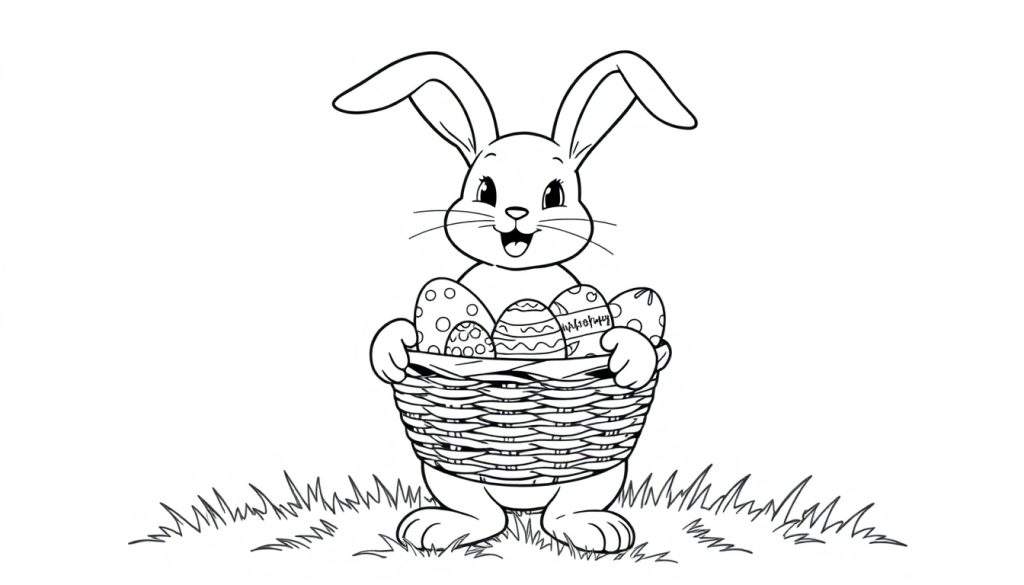 A cute Easter bunny, ready for coloring in this color panel, holding a basket of colorful eggs.