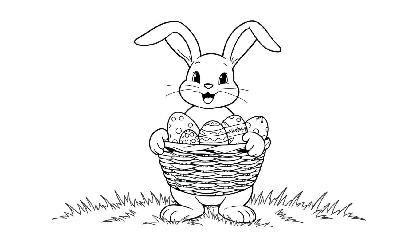A cute Easter bunny, ready for coloring in this color panel, holding a basket of colorful eggs.