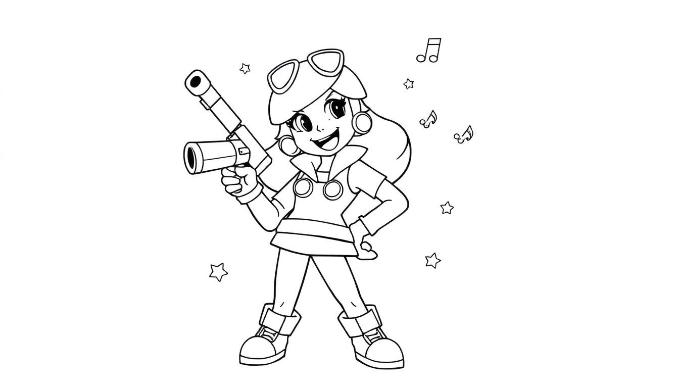 A cartoon girl with a ray gun in a color panel.