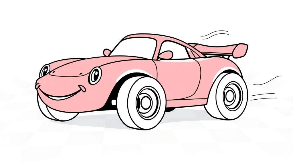 A smiling pink race car with a checkered background color panel.