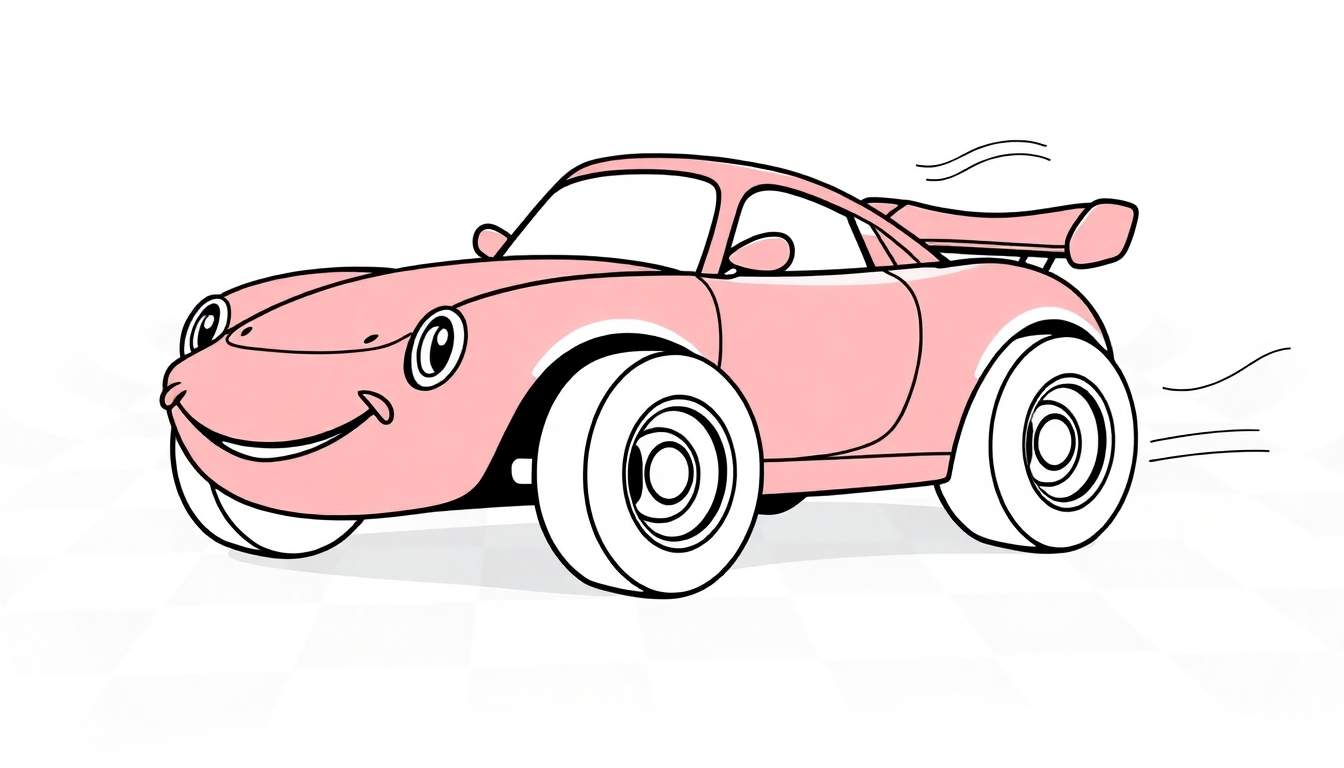 A smiling pink race car with a checkered background color panel.