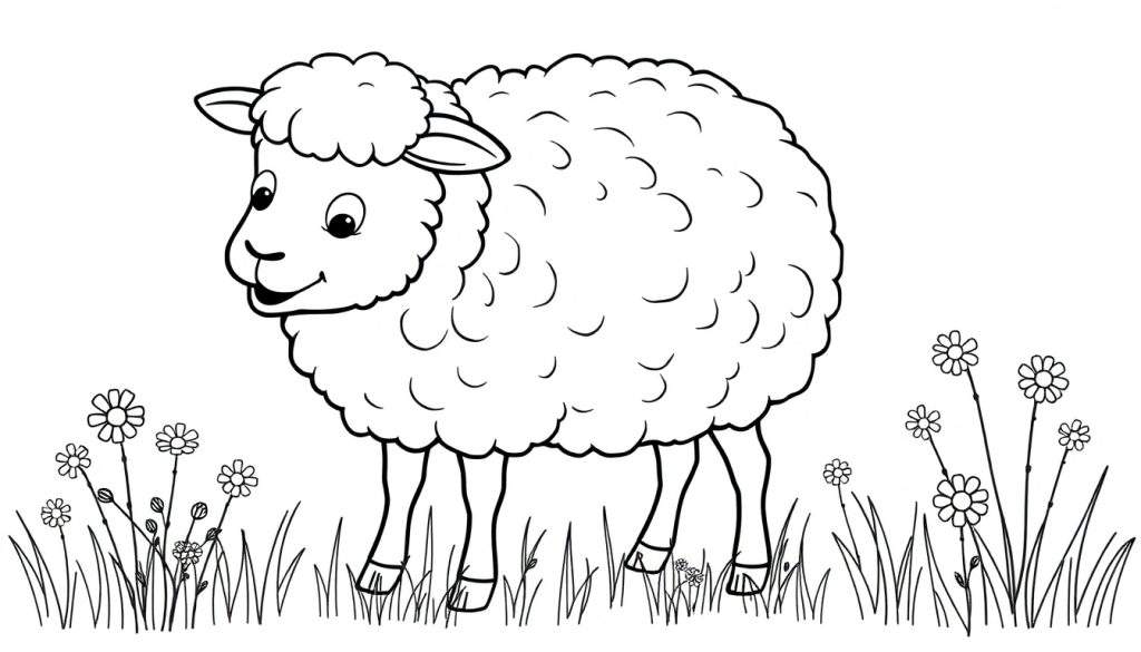 A black and white cartoon drawing of a fluffy sheep with pointed ears and a smiling face, standing in a field of grass and flowers, ready for coloring. This is a delightful color panel for young artists.