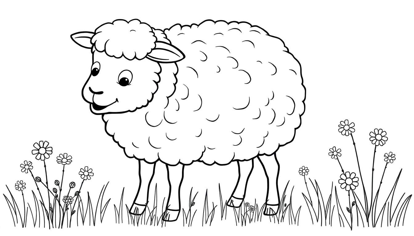 A black and white cartoon drawing of a fluffy sheep with pointed ears and a smiling face, standing in a field of grass and flowers, ready for coloring. This is a delightful color panel for young artists.