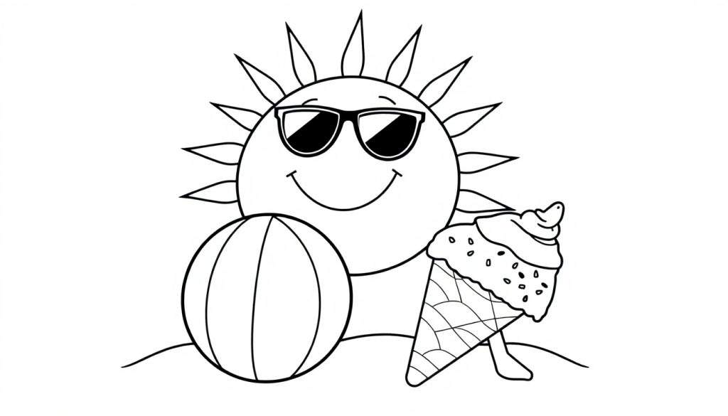 A cartoon sun wearing sunglasses, a beach ball, and an ice cream cone on sand, a fun black and white color panel.