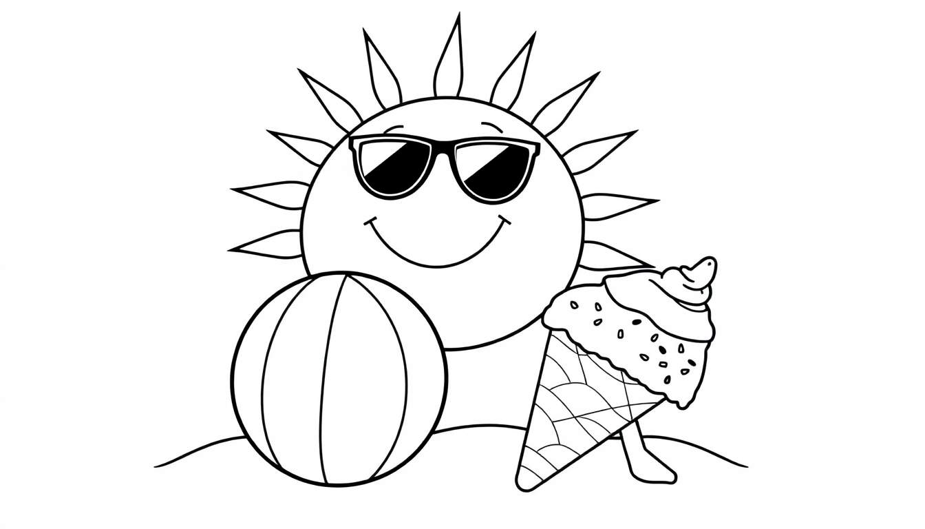 A cartoon sun wearing sunglasses, a beach ball, and an ice cream cone on sand, a fun black and white color panel.