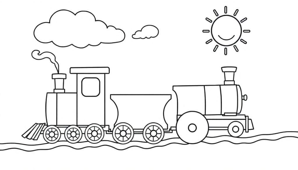Black and white color panel cartoon of a steam train on a wavy track with clouds and a sun.