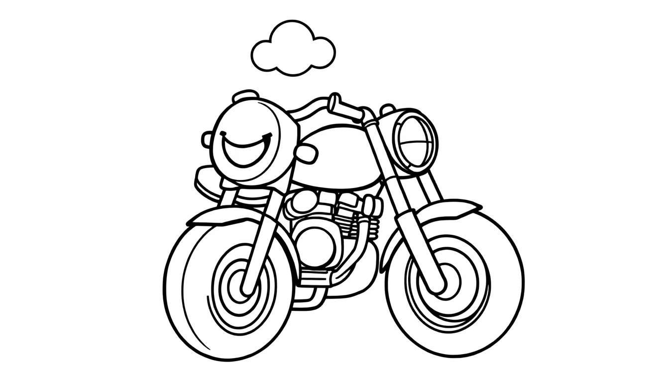 A happy cartoon motorcycle, ready for a coloring adventure, as a black and white color panel.