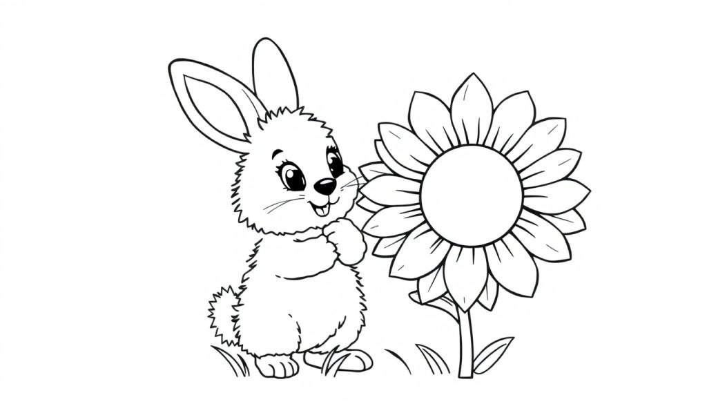 A cute bunny smelling a big sunflower, a black and white color panel for kids.