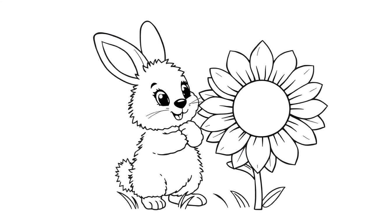A cute bunny smelling a big sunflower, a black and white color panel for kids.