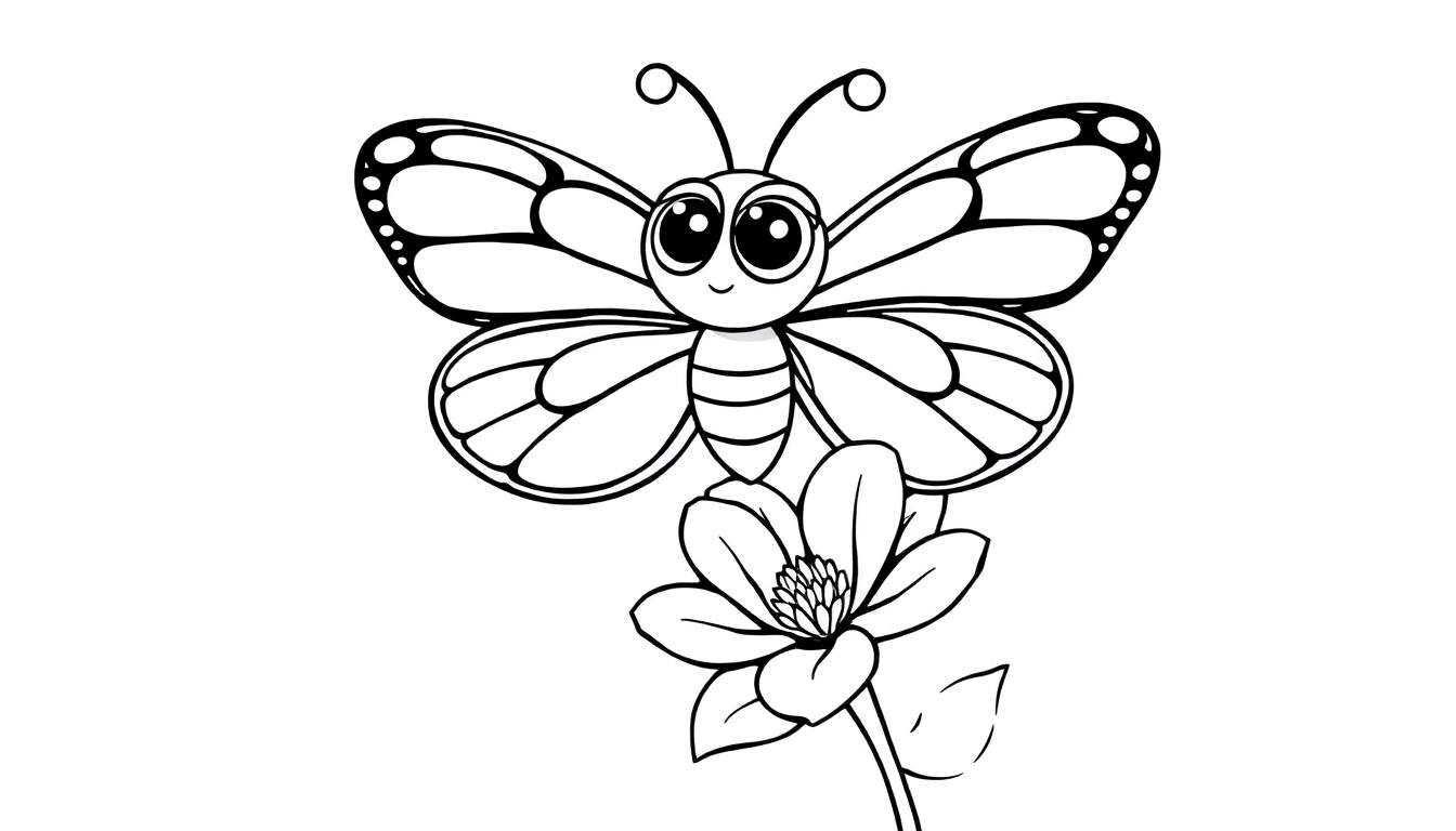 A cute black and white butterfly with big eyes and patterned wings is ready for a color panel adventure, sitting on a flower.