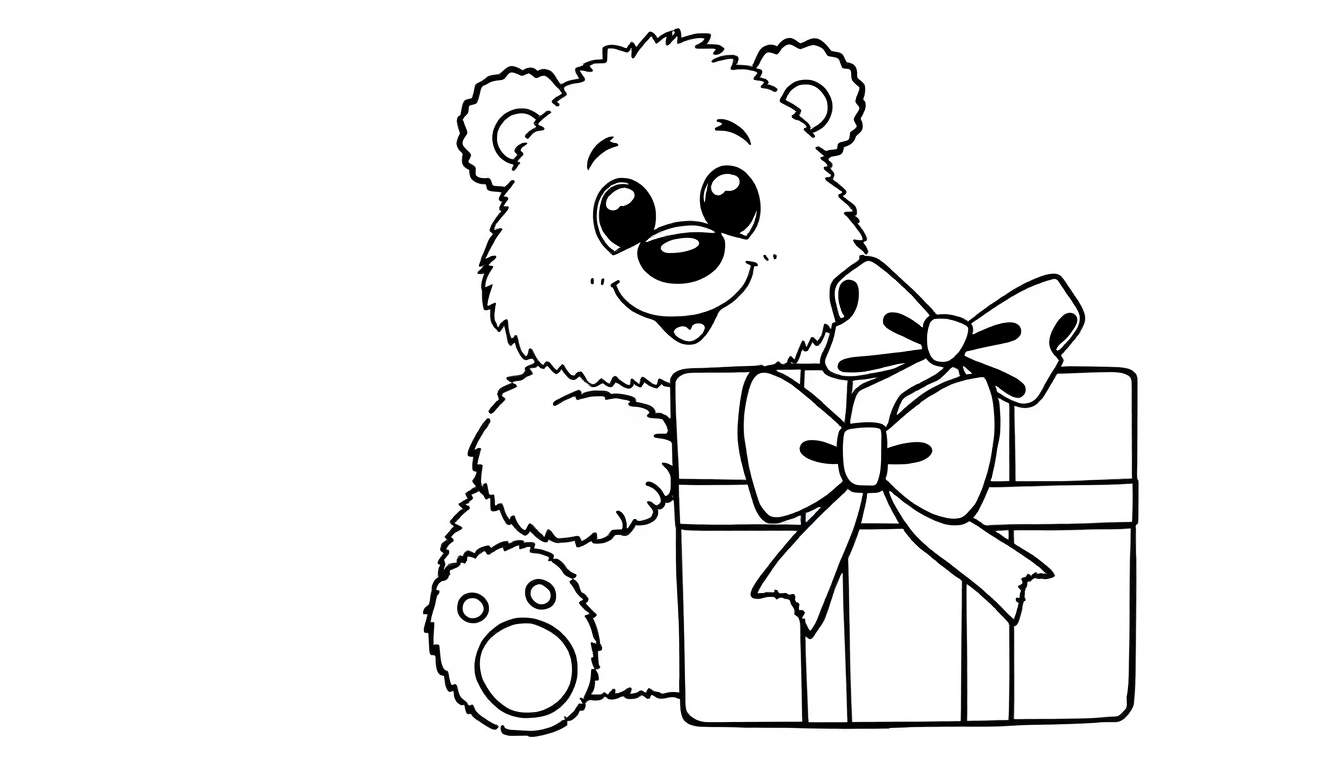 A black and white line drawing of a cartoon teddy bear holding a gift with a bow.