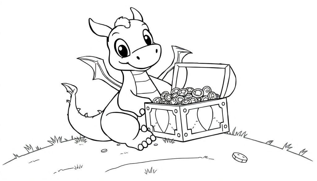 A cute baby dragon sitting on grass with a treasure chest, ready for a color panel.