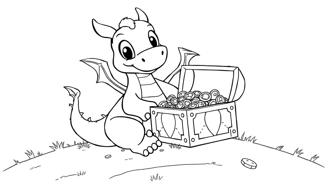 A cute baby dragon sitting on grass with a treasure chest, ready for a color panel.