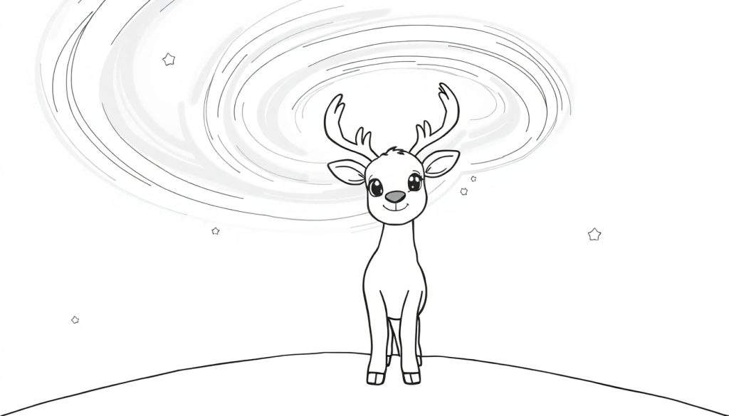 A black and white line art drawing of a cute cartoon baby reindeer looking up at a swirling aurora borealis in a starry night sky, suitable for a coloring panel.