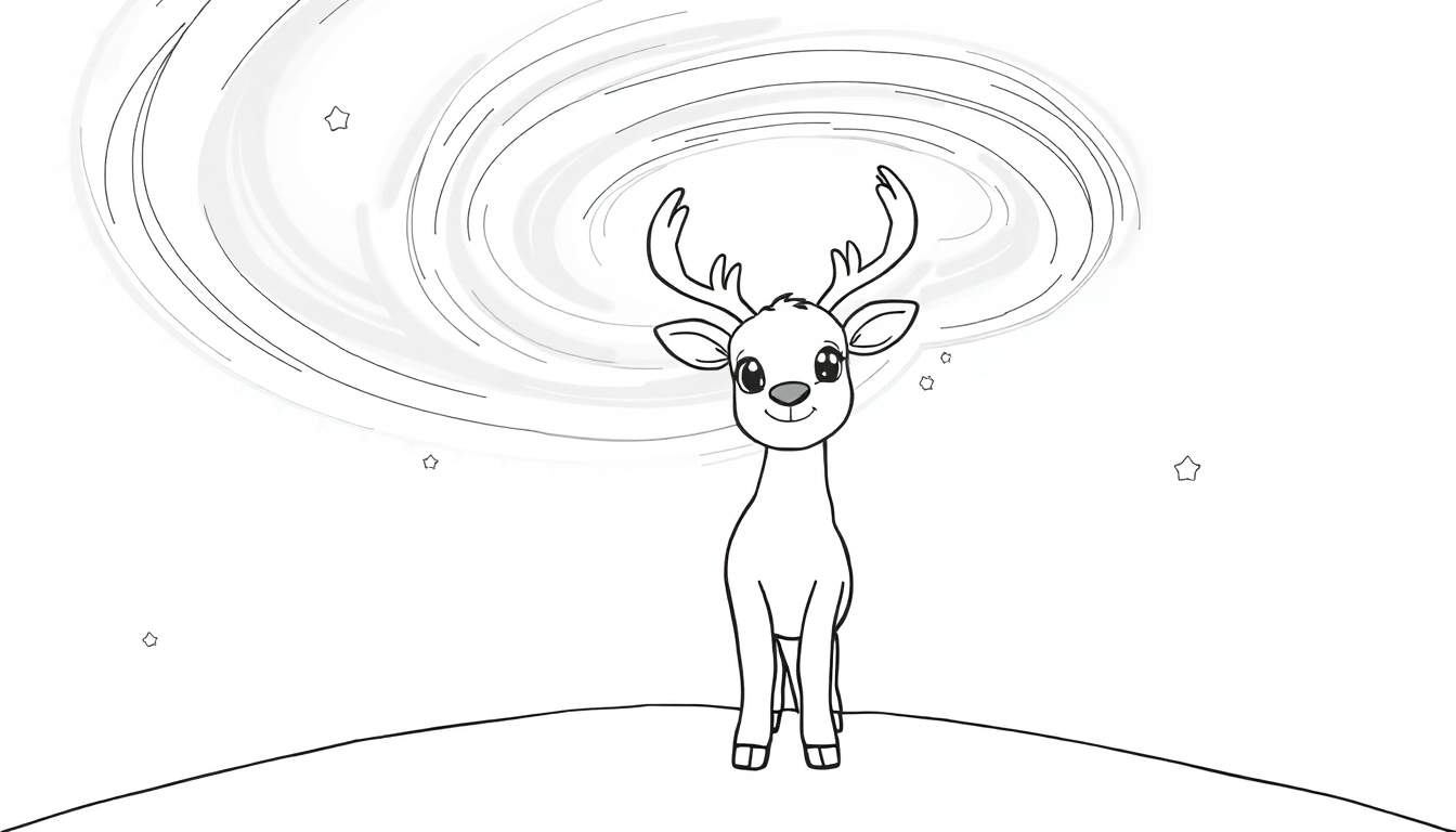A black and white line art drawing of a cute cartoon baby reindeer looking up at a swirling aurora borealis in a starry night sky, suitable for a coloring panel.