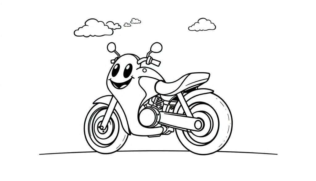 A black and white cartoon motorcycle with a smiling face on the front, on a ground line with clouds, ready for coloring. This is a fun color panel.