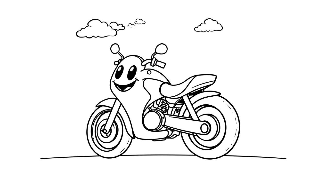 A black and white cartoon motorcycle with a smiling face on the front, on a ground line with clouds, ready for coloring. This is a fun color panel.