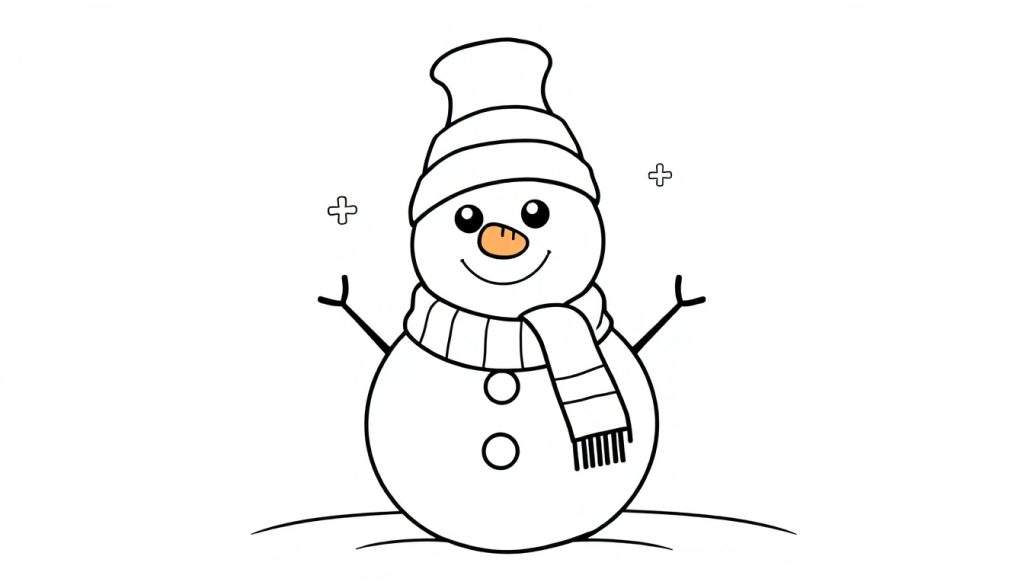 A cute snowman coloring panel with black outlines, a carrot nose, button eyes, scarf, and hat.
