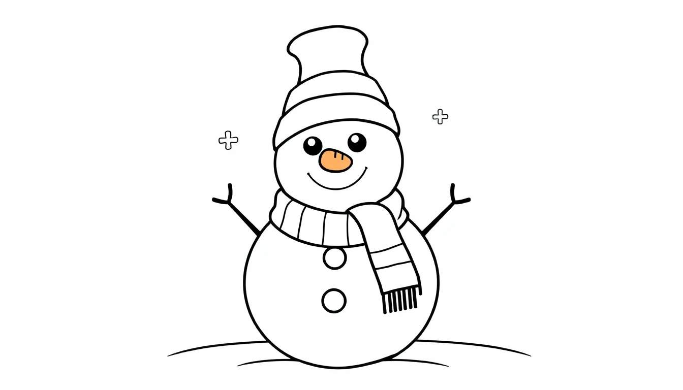 A cute snowman coloring panel with black outlines, a carrot nose, button eyes, scarf, and hat.
