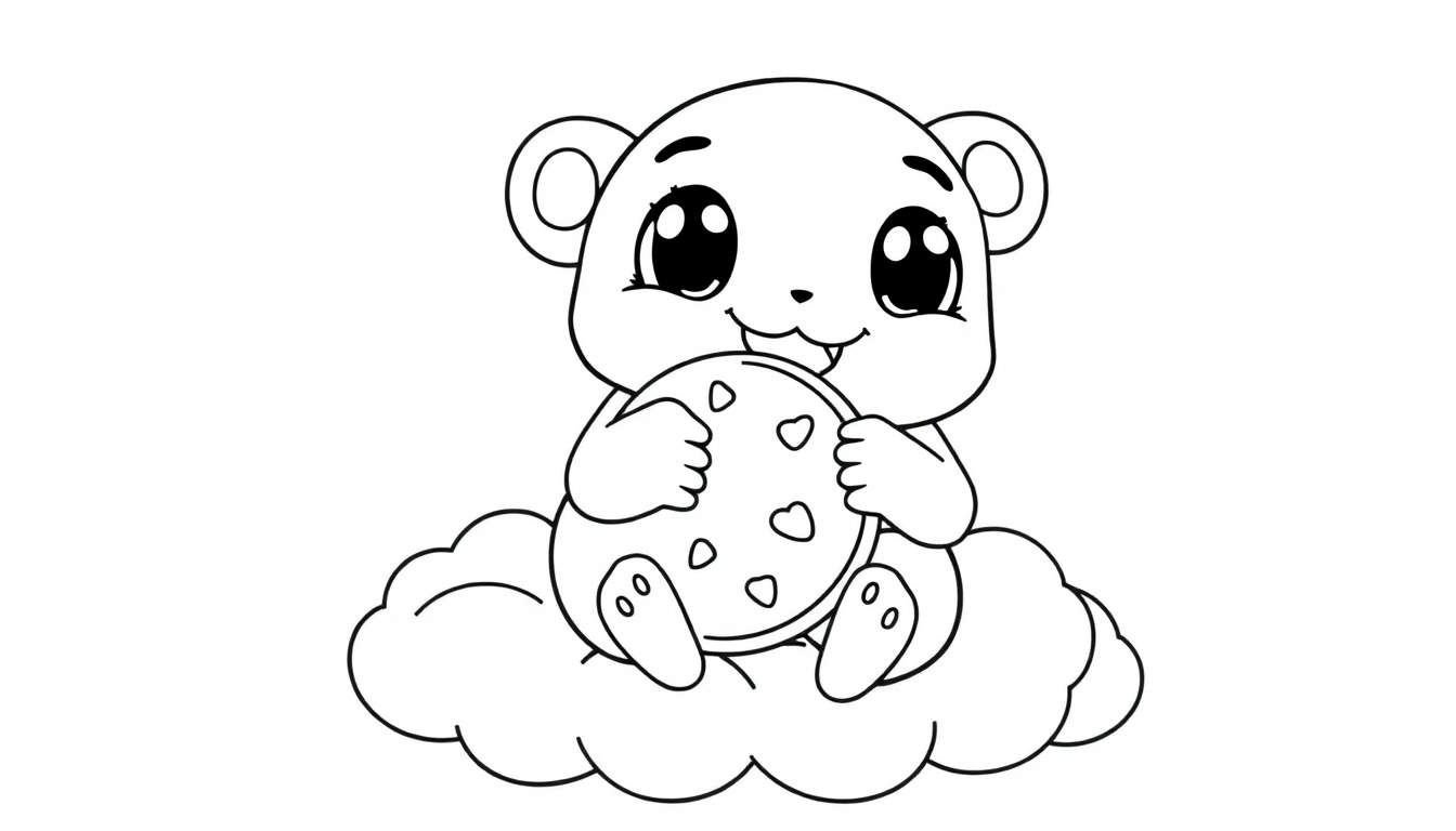 A cute cartoon bear cub sitting on a cloud, holding a large cookie, in a black and white color panel.