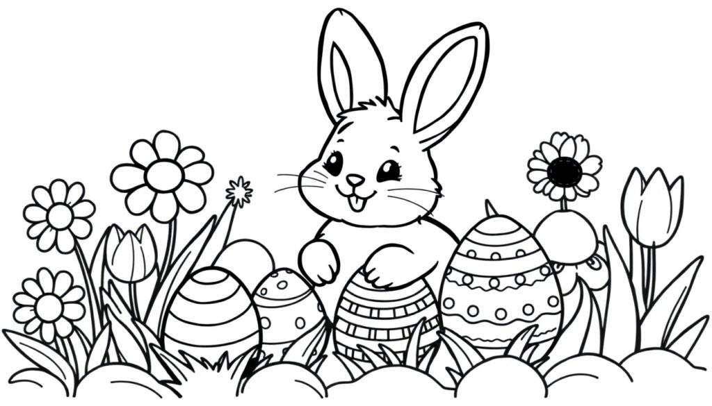 A black and white cartoon bunny holding Easter eggs in a field of flowers, ready for a color panel.