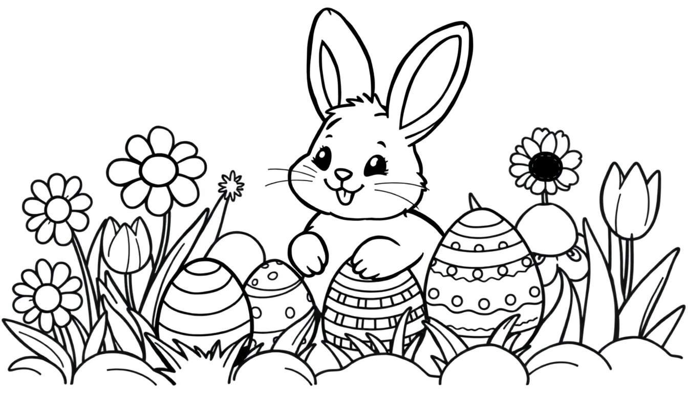 A black and white cartoon bunny holding Easter eggs in a field of flowers, ready for a color panel.