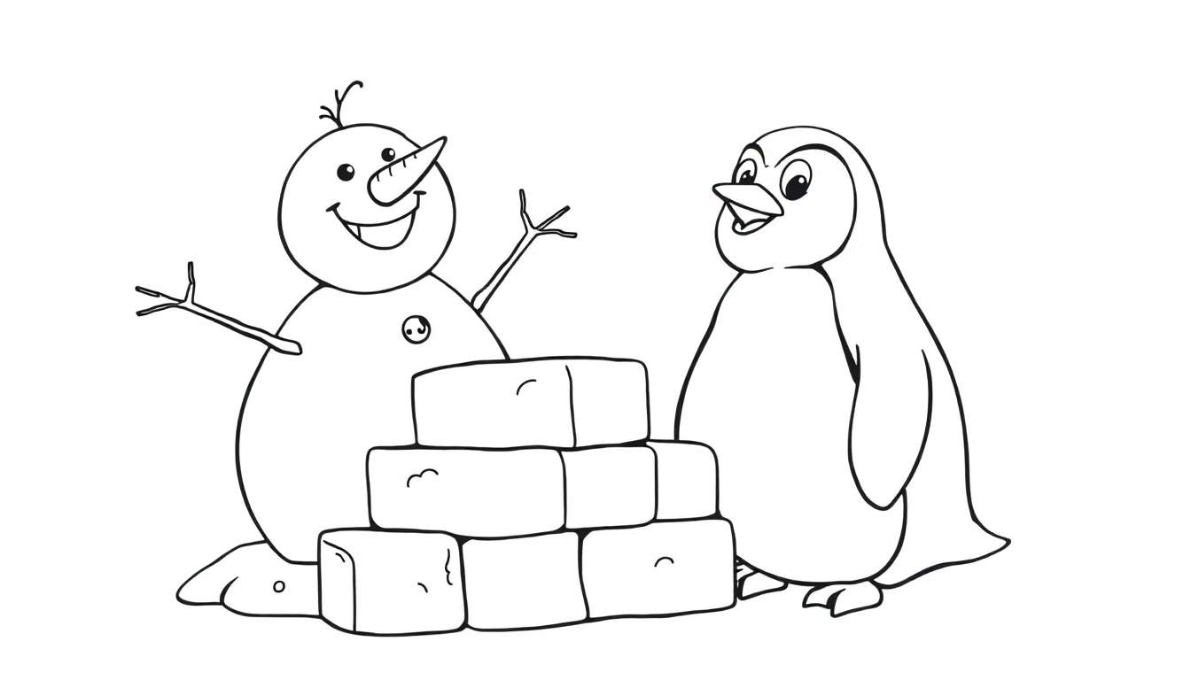 A black and white cartoon of a smiling snowman and a surprised penguin building a snow fort on a color panel.