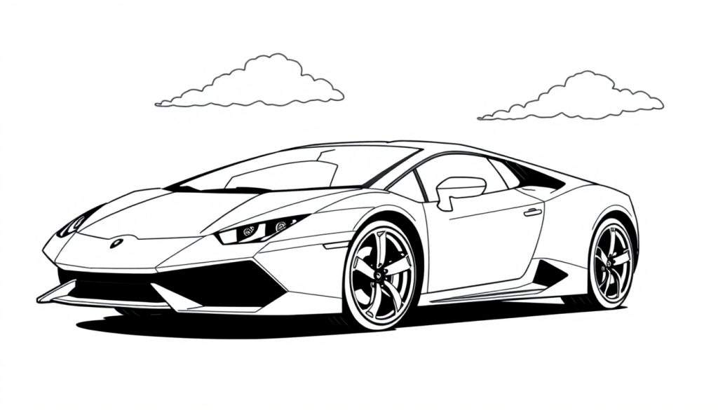 A black and white color panel drawing of a Lamborghini Huracan with clouds.