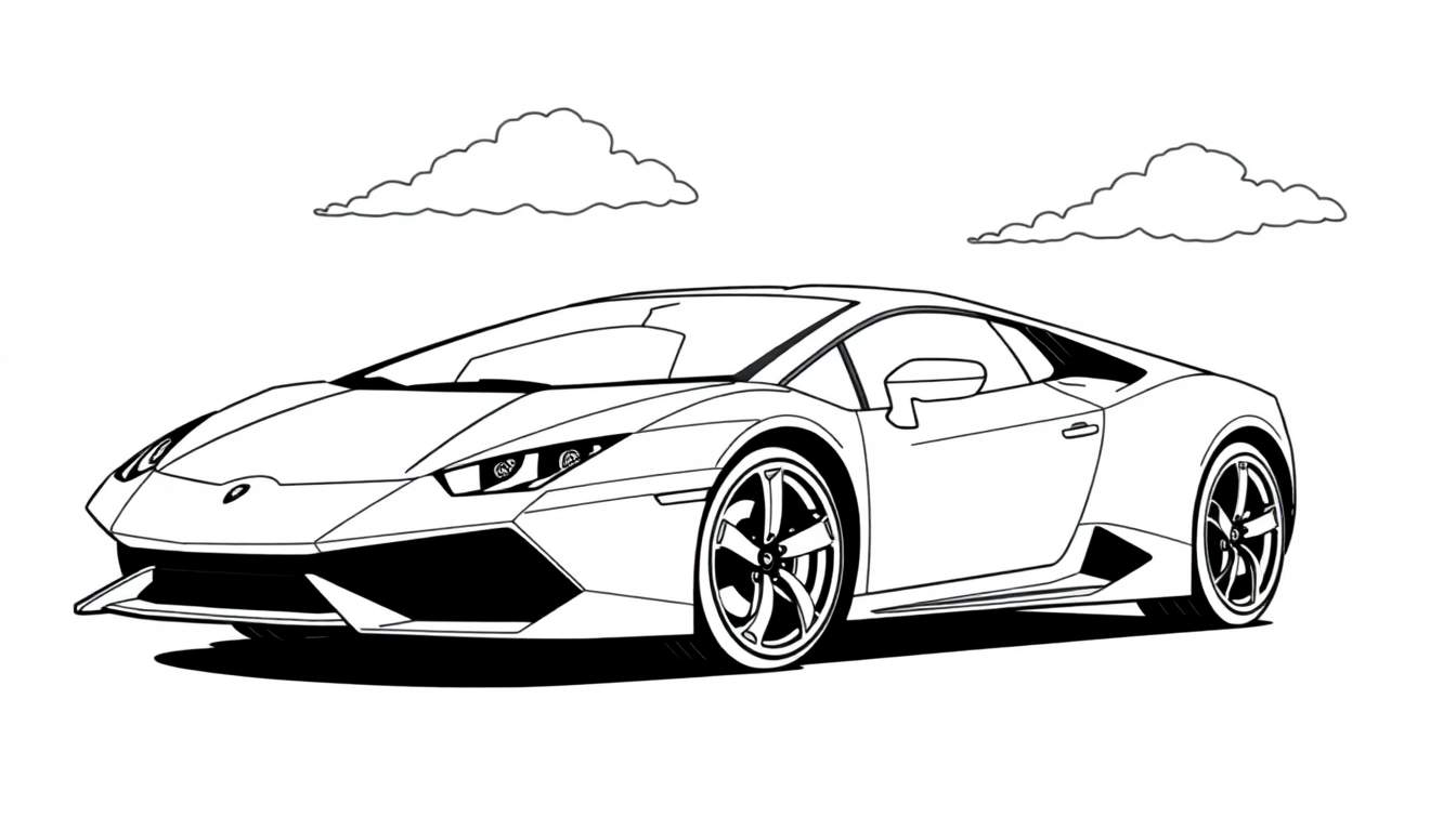 A black and white color panel drawing of a Lamborghini Huracan with clouds.