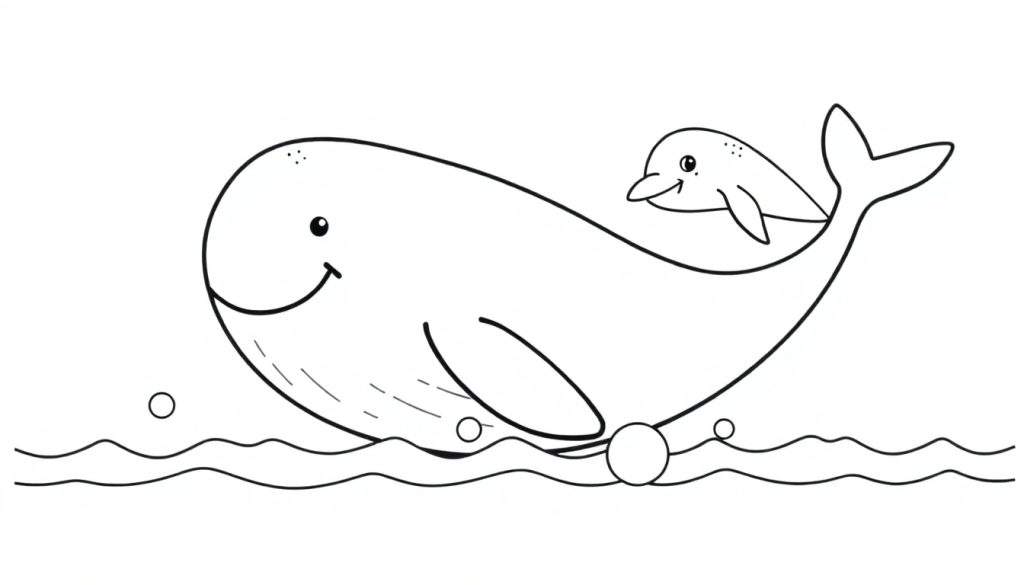 A black and white drawing of a smiling whale with a dolphin on its back, surrounded by bubbles and waves. This color panel is perfect for little artists!