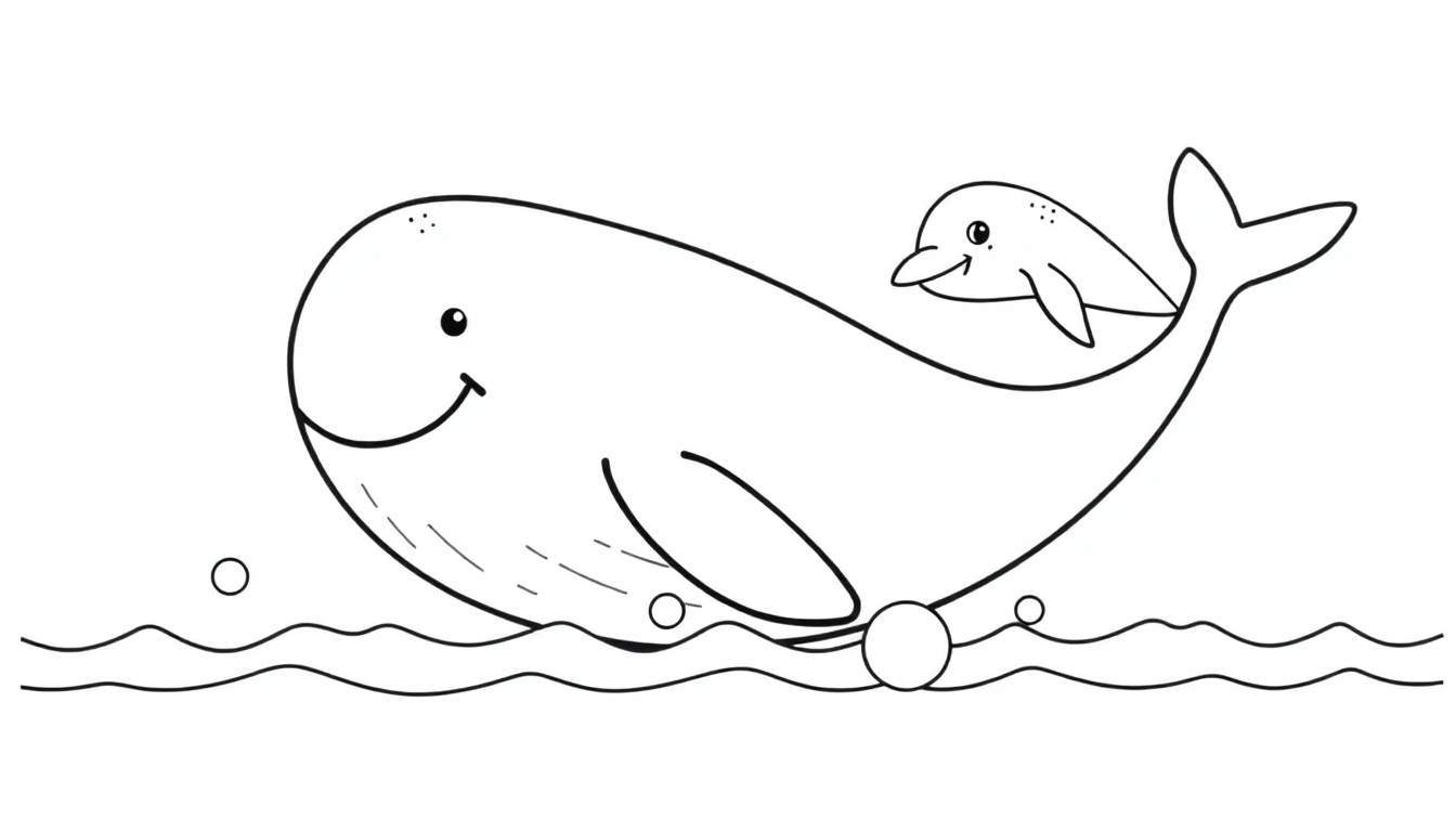A black and white drawing of a smiling whale with a dolphin on its back, surrounded by bubbles and waves. This color panel is perfect for little artists!