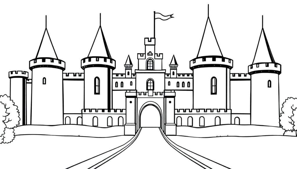 A majestic castle with tall towers for a princess, ready for coloring. Black and white line art color panel.
