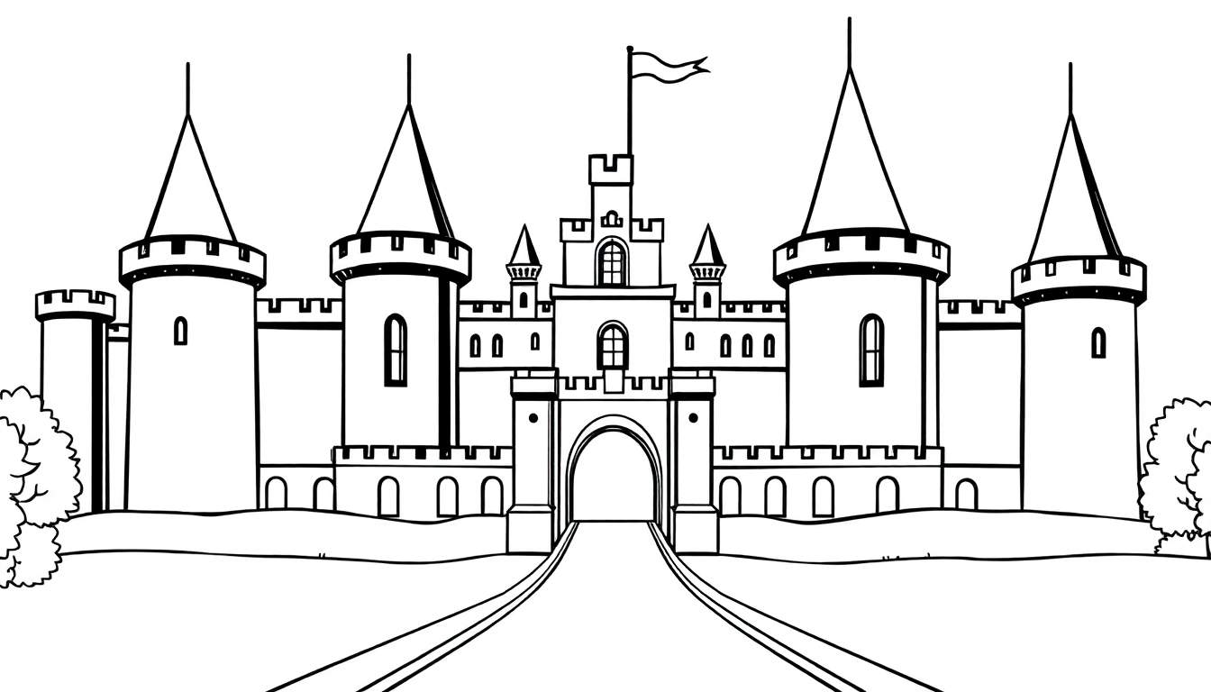 A majestic castle with tall towers for a princess, ready for coloring. Black and white line art color panel.