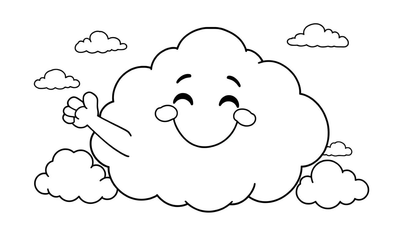 A smiling cloud waving, a happy black and white color panel.