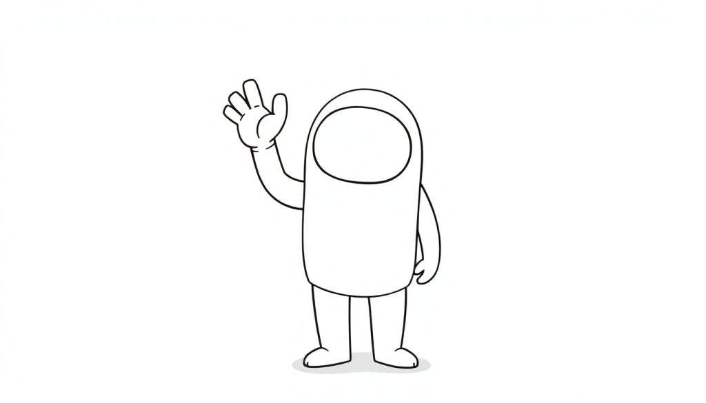 A cute cartoon character, like an Among Us crewmate, in a black and white color panel, waving hello with one hand.