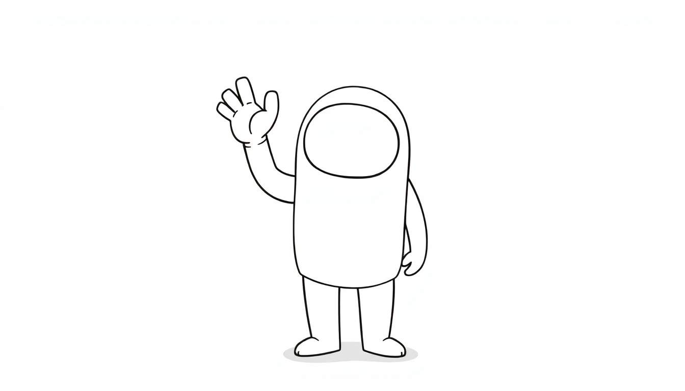 A cute cartoon character, like an Among Us crewmate, in a black and white color panel, waving hello with one hand.
