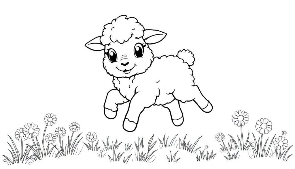 A black and white outline drawing of a fluffy lamb happily prancing through a field of flowers, perfect for a color panel.