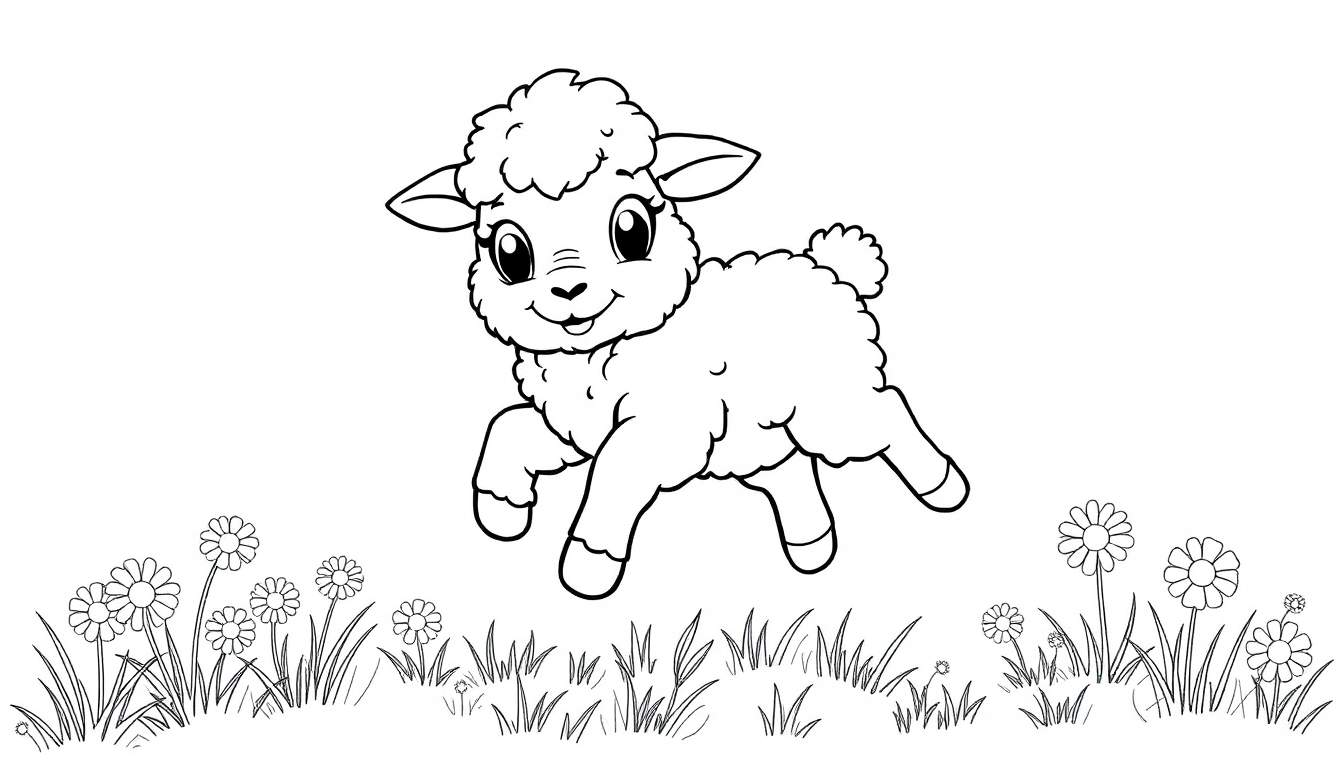 A black and white outline drawing of a fluffy lamb happily prancing through a field of flowers, perfect for a color panel.
